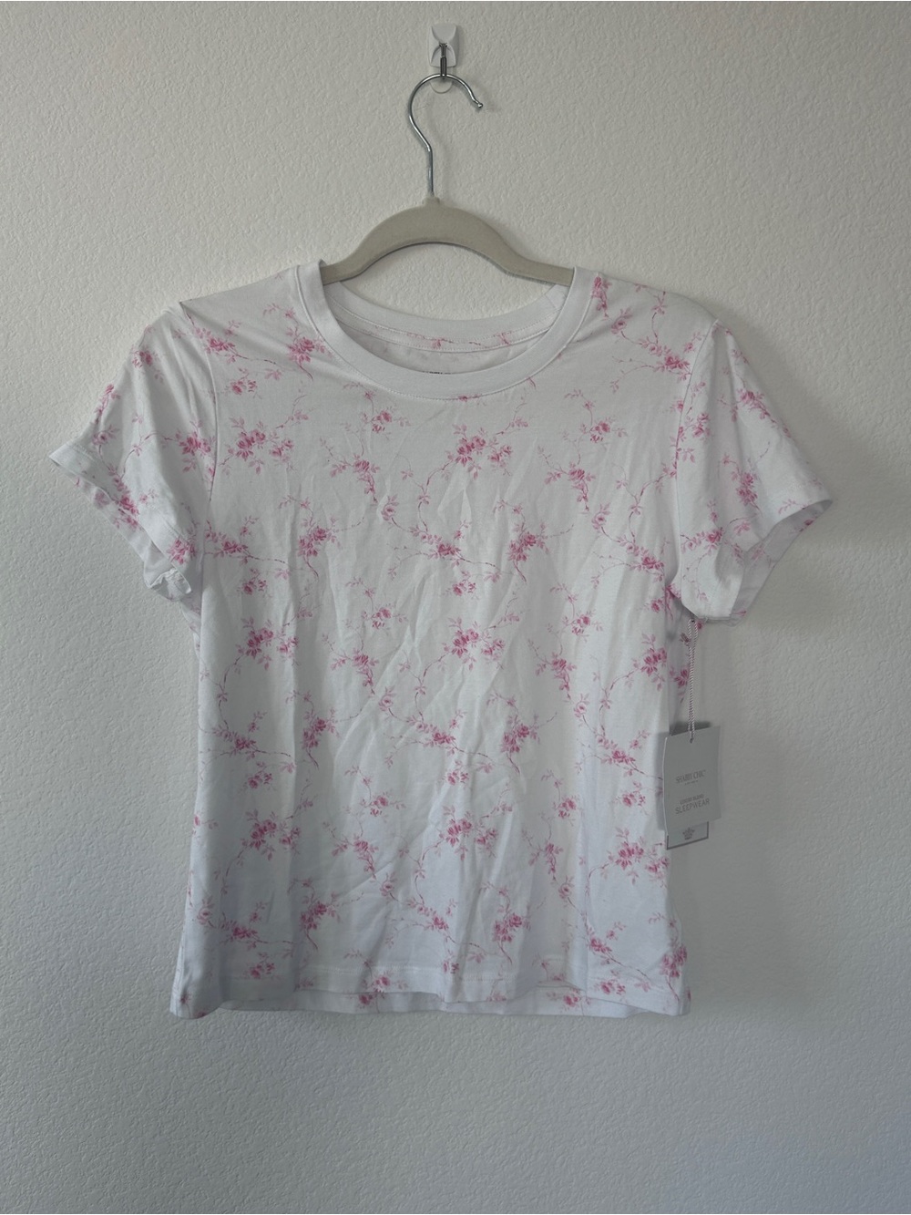 Shabby Chic White Crewneck Tee with Pink Floral Print